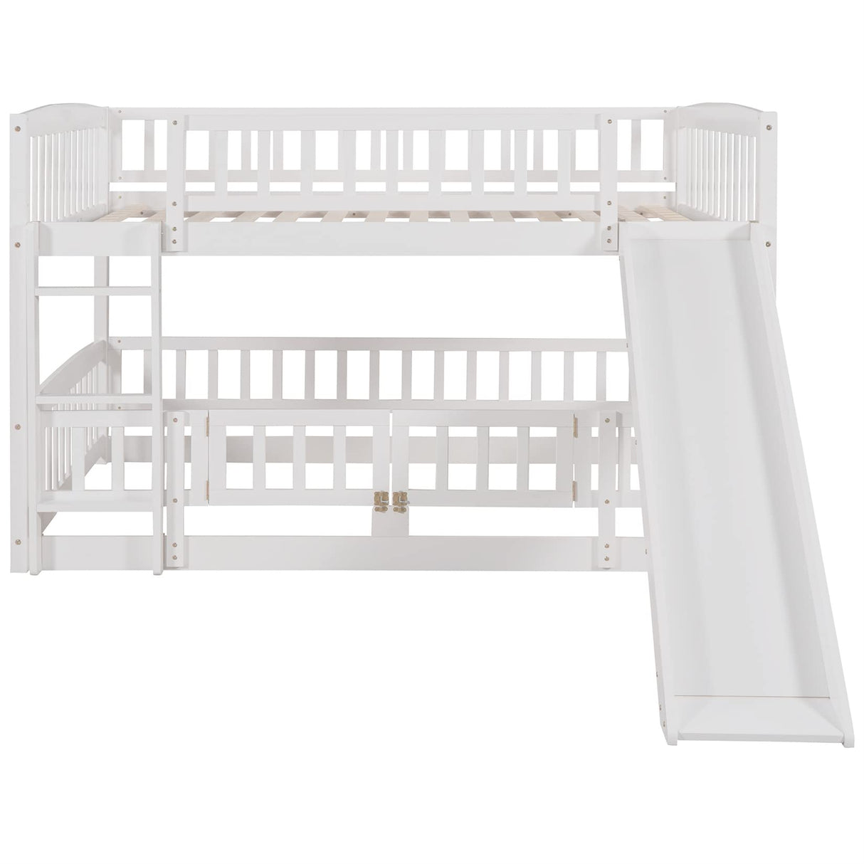 Bellemave Full Over Full Low Bunk Bed with Slide and Fence Railings Wood Floor Bunk Beds with Ladder for Toddler Kids Boys Girls Teens, White Bellemave