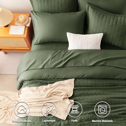 CozyLux Full Size Comforter Sets with Sheets Seersucker 7 Pieces Olive Green Bed in a Bag Textured Luxury Soft Bedding Set with Down Alternative Comforter, Sheets, Pillowcases & Shams for All Seasons CozyLux