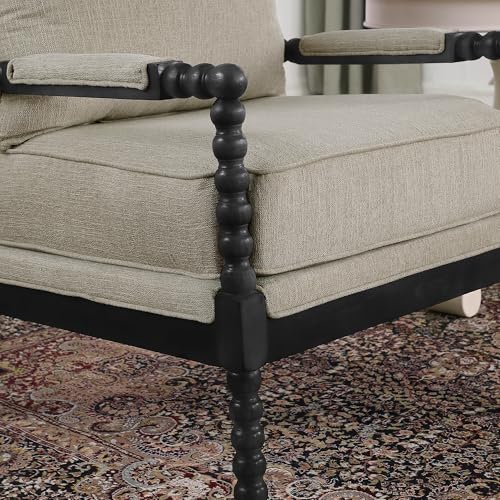 Morden Fort Linen Fabric Spindle Accent Chair with Wood Frame, French Style Accent Chairs with Padded Spring Seat and Armrest Pads, Brushed Base for Living Room Bedroom Farmhouse Office Balcony Morden Fort