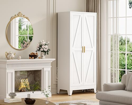 QPRVPTOW 61" H Metal Pantry Cabinet,White Storage Cabinet with Doors,Freestanding Kitchen Pantry Cabinet,Farmhouse Food Storage Cabinets,Tall and Large Pantry Cabinets for Dining Room, Living Room QPRVPTOW