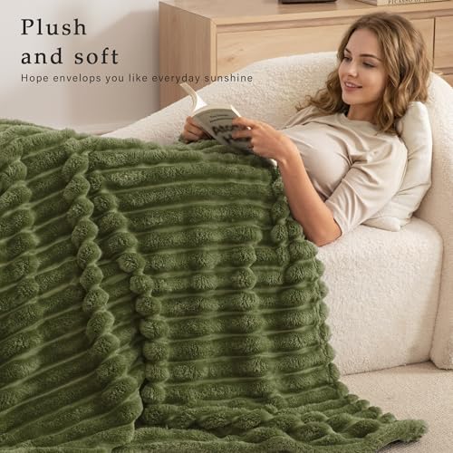 Exclusivo Mezcla Twin Size Flannel Fleece Blanket, Super Soft Striped Jacquard Bed Blanket, Lightweight Fuzzy Cozy for All Seasons, 60x80 Inches, Olive Green Exclusivo Mezcla