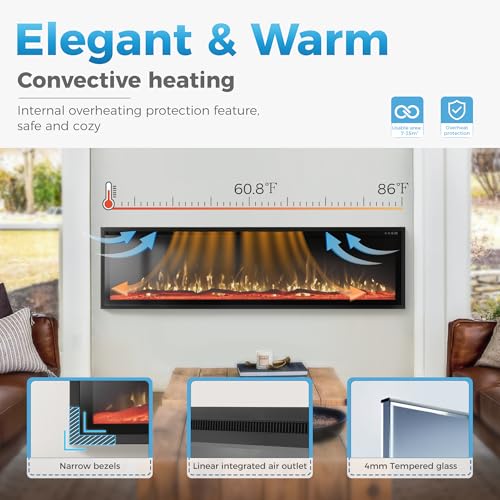 GREEN PARTY 72" Electric Fireplace Recessed/Wall Mounted Ultra-Narrow Bezel Fireplace Heater with Log & Crystal Options, 750W/1500W, Adjustable Flame Bed Colors, Speed, Timer, Temperature (60.8℉-86℉) GREEN PARTY