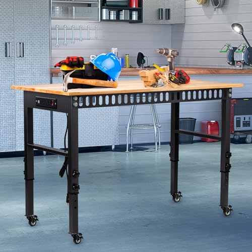 GVGBUK 48" Height Adjustable Workbench, 2000 LBS Load Capacity Rubber Wood Top Workstation, Heavy-Duty Hardwood Worktable for Garage Workshop (with Wheels and Socket,48'') GVGBUK