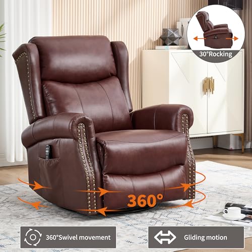 Genuine Leather Recliner Chair for Adults, Manual Swivel Rocker Glider Rocking Chair with Vibration Massage Lumbar Heat for Nursery, Rivet Design Single Sofa Chair for Living Room - Burgundy Red