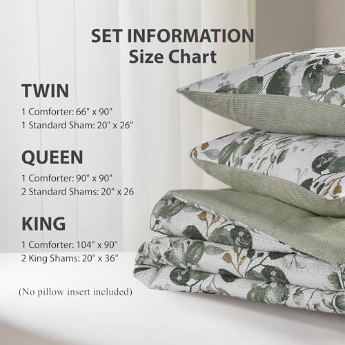 Regency Heights Lightweight Seersucker Botanical Comforter Set Queen Size, 3 Pieces Reversible Design with Striped Print, Premium Microfiber Bedding Set, Comforter and Sham Set, Green Regency Heights