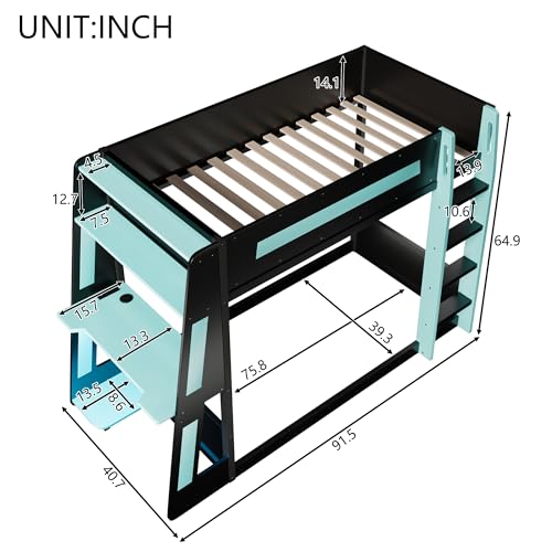 Brabrety Wooden Gaming Bunk Bed with Desk,Two Storage Shelves,USB and LED Light,for Kids Teens Bedroom Use (Black+Blue-D, Twin Over Twin) Brabrety