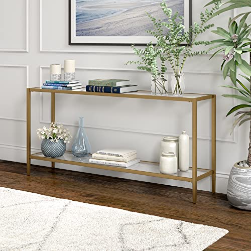 Henn&Hart 64" Wide Rectangular Console Table with Glass Shelf in Brushed Brass, Entryway Table, Accent Table for Living Room, Hallway Henn&Hart