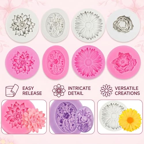 8 Pcs Candle Molds, Flower Mold for DIY Projects, Create White and Pink Chrysanthemum, Lilac, Peony, and Rose Candles, Handcrafted Home Decor and Gift Making Supplies