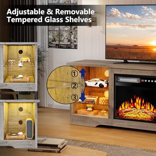 TAVATA 58" Fireplace TV Stand, Modern Entertainment Center with Fireplace for TVs up to 65 inch, Media TV Console for Living Room with Led Lights, Adjustable Glass Shelves and Storage Cabinets (Grey) TAVATA