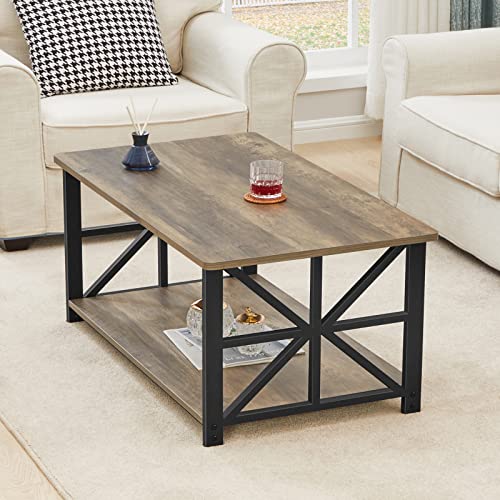 GreenForest Coffee Table for Living Room with Round Corners Farmhouse Style Center Table with Storage Shelf 39 Inch Space Saving Easy Assembly Gray Wash GreenForest