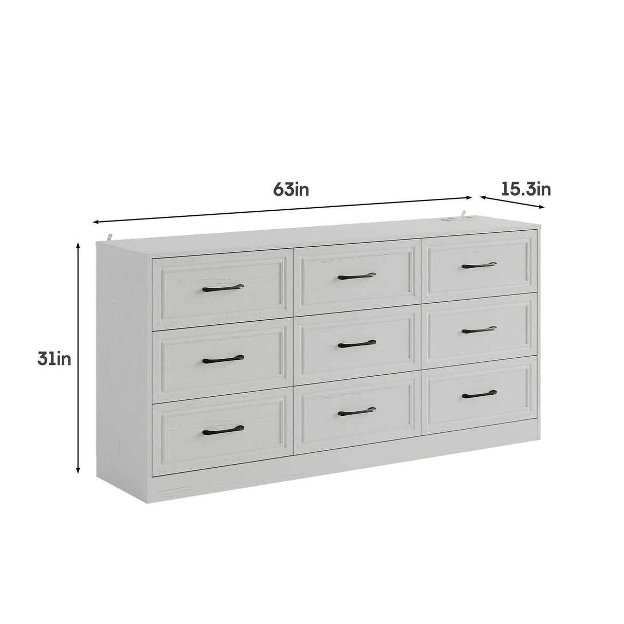 Fameill Dresser for Bedroom, 9 Drawer Wide Dresser Organizer with Charging Station, Tall Dresser for Hallway, Wood Dresser with Metal Handles, Woodgrain White Fameill