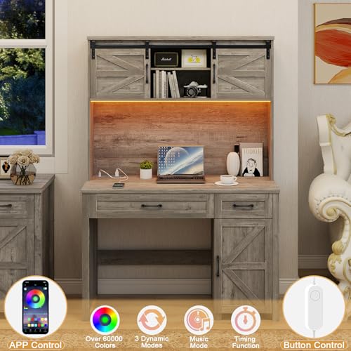 Vabches Farmhouse 47" Executive Desk, Computer Desk with 2 Drawers, LED Light and Storage Cabinet, Home Office Desk with Hutch, Charging Hub, Workstation for Home Office and Study(Grey Vabches