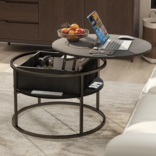 HOJINLINERO Round Lift Top Coffee Table,Coffee Tables Living Room,Black Coffee Table with Storage Hidden Compartment,Wood Farmhouse Coffee Table Decor,Center Table for Living Room,Modern Coffee Table HOJINLINERO