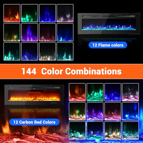 Takywep Electric Fireplace, 60 Inches, 5120 BTU Heat Output, 12 Flame Color, Black, Wall-Mounted or Recessed, Timer, Quiet Operation, Multicolor Flame, Faux Logs, Crystal Stones Takywep