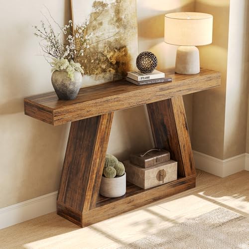 LITTLE TREE 55-Inch Sofa Table with Storage, Farmhouse Console Table for Home, Rectangular Wooden Entryway Furniture for Living Room, Bedroom, Office, Hallway, Brown LITTLE TREE