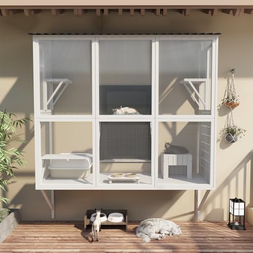 JFHID Catio Outdoor Cat Enclosure with Window Access, Large Window Catio Wood Cat House with 4 Platforms & 3 Doors for Napping & Nature Viewing – All-Weather Pet Cage for Indoor Cats, White JFHID