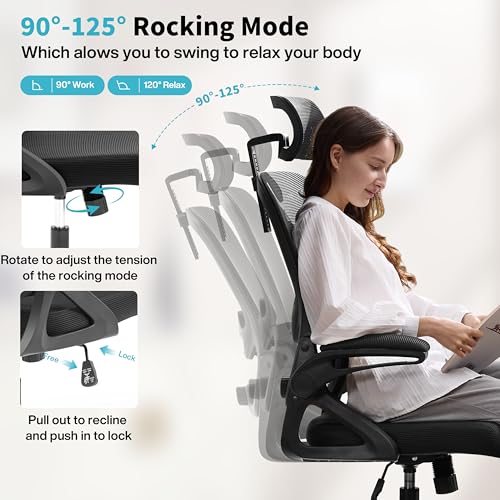 Nexthro Ergonomic Office Chair,Mesh Office Chair with Lumbar Support,High Back Desk Chair with Flip-up Arms,400 lbs Big and Tall Computer Chair with Headrest,Comfy Desk Chairs (Black) Nexthro
