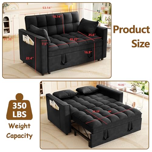 3 in 1 Convertible Sleeper Sofa Bed, 52'' Velvet Pull Out Couch Bed with Comfy Pillows & Adjustable Backrest/Side Pockets,Futon Loveseat Sleeper Sofa for Small Spaces Living Room Bedroom (Black) HRVEOCEI