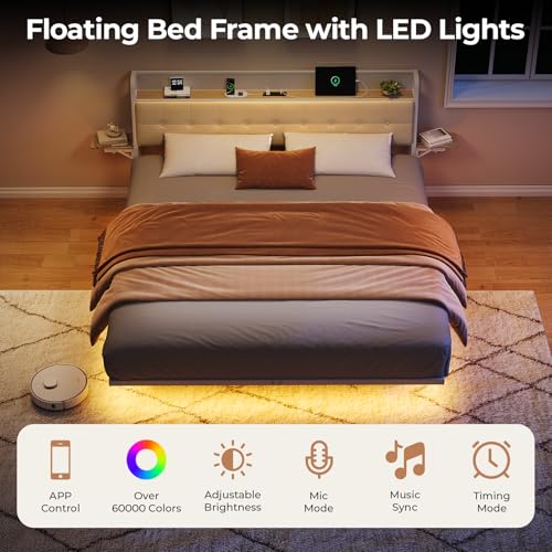 Salamir King Size Bed Frame with LED & Charging Station, Floating Bed Frame, Upholstered Headboard with Folding Shelves Storage, Metal Slats Support, No Box Spring Needed, Easy Assembly, White Salamir
