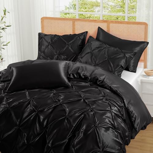 P Pothuiny 5 Pieces Satin Pintuck Duvet Cover Set, Silky Like Black Pinch Pleat Duvet Cover Full/Queen Size Luxury Bedding Set with Corner Ties, 2 Pillow Shams + 2 Pillowcases (No Comforter) P Pothuiny