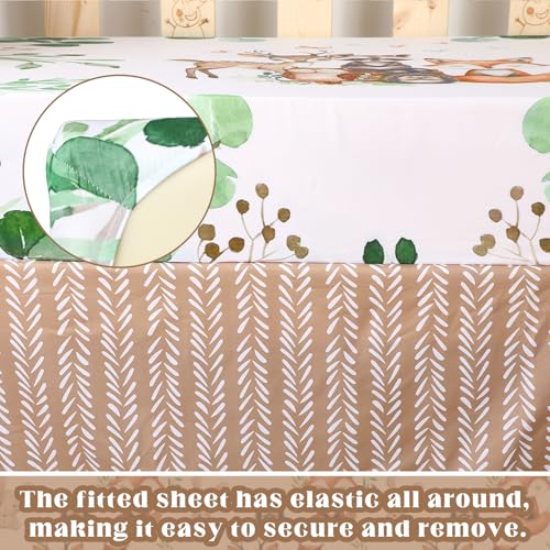 Hahafelt 3 Pcs Baby Crib Bedding Set Safari Animals Dinosaurs Bear Woodland Animals Jungle Crib Set Includes Quilt, Fitted Sheet, Skirt for Baby Boy Girl(Green,Woodland Raccoons Deer Etc.) Hahafelt