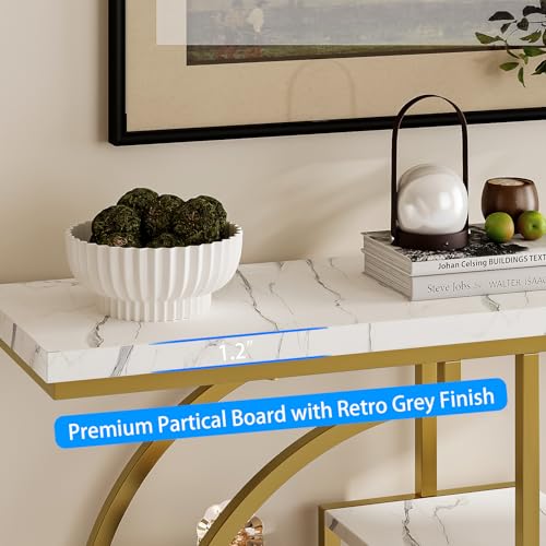 GiftGo Narrow Console Table for Entryway Industrial 4-Tier Sofa Table Behind Couch with Circle Base Rustic Wooden Accent Tables with Storage Shelves for Living Room, Hallway, Foyer (Gold and White) GiftGo