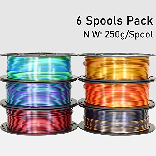 MIKA3D 6 Spools Bicolor Dual Color 1.75mm 3D Printer Filament Bundle, 3D Printing Silk PLA, Silk Black-Red/Purple-Green/Blue-Green/Red-Gold/Gold-Copper/Black-Orange, 3D Printing PLA 250g X 6 Spools