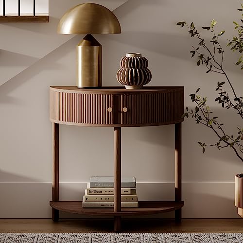 Stead Fluted Half Moon Shaped Console Table - Small Entry Desk - Living Room Furniture - Modern Home Decor - Solid Wood Entryway Table with Two Doors and Brass Knobs (Walnut) Stead