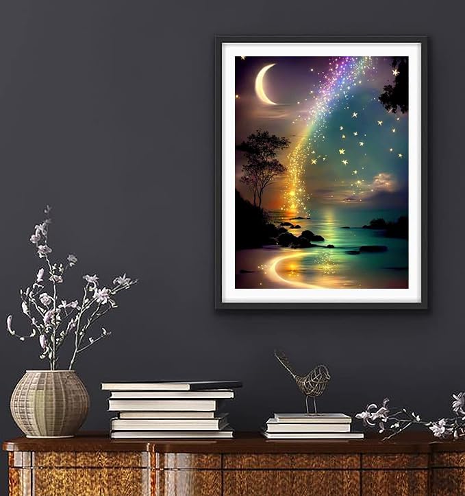 Ekuxom Moon Diamond Art Painting Kits for Adults, Star Glow in The Dark Diamond Art Kits, Full Round Rainbow Diamond Art Dots Wall Art Decor 12x16 in Ekuxom
