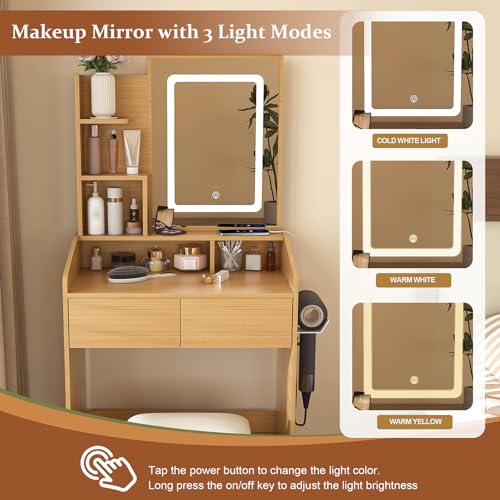 QueZeiah Small Makeup Vanity Desk with Mirror and Lights, Mini Vanity with Stool, 2 Large Drawers, Charging Station, Dressing Table Set for Women's Bedroom, Dressing Room, Wood QueZeiah