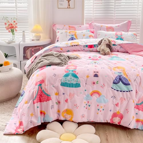 Wajade Kids Pink Princess Comforter Set Bed in A Bag Queen Size 7 Piece Princess Fairy Tales Castle Bedding Set for Girl (1 Comforter, 1 Flat Sheet, 1 Fitted Sheet, 2 Pillowcase and 2 Pillow Sham) Wajade