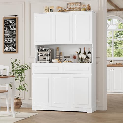 FACBOTALL 74" Pantry Cabinet, Tall Kitchen Pantry Cabinet with 6 Doors and 2 Drawers, Kitchen Hutch with Wide Countertop, Modern Kitchens Cupboard with Adjustable Shelves and Charge Holes, White FACBOTALL
