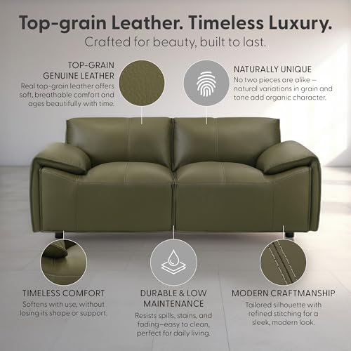Tanner 74 in. Leather Loveseat with Padded Arms in Green or Khaki Armen Living