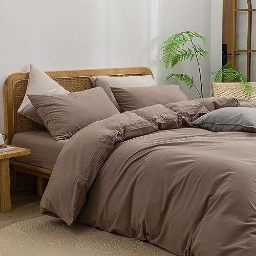 BESTOUCH Duvet Cover Set 100% Washed Cotton Linen Feel Super Soft Comfortable Chic Lightweight 3 PCs Home Bedding Set Solid Pine Bark Brown Queen BESTOUCH