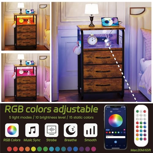 runjuly Bed Side Table with 3 Fabric Drawers, Night Stand with Charging Station, LED Nightstand with Hooks, Bedside Table End Table with Storage, Night Table for Living Room, Bedroom (Rustic Brown) runjuly