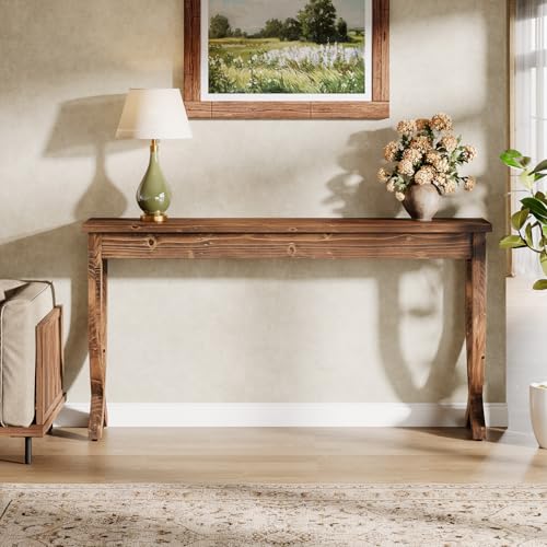 TRIBEWOOD Solid Wood Console Table for Entryway, 63-Inch Long Sofa Table, Farmhouse Hallway Table for Living Room, Entrance, Foyer (Brown) TRIBEWOOD