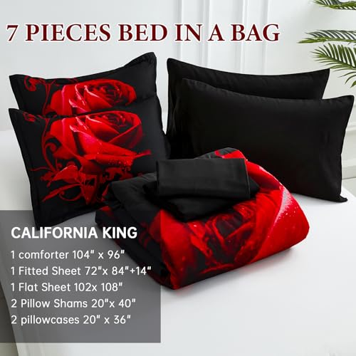 WONGS BEDDING Red Comforter Set Cal King, Reversible Red Rose 7 Pieces Bed in a Bag, Lightweight Soft Microfiber Bedding Sets with Comforter, Flat Sheet, Fitted Sheet, Pillowcases & Shams WONGS BEDDING