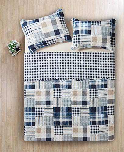 Brilliant Sunshine Blue Plaids and Stripes Patchwork, 3-Piece Quilt Set with 2 Shams, Reversible Bedspread, Soft Lightweight Coverlet, All-Season, Full/Queen, Blue Brilliant Sunshine