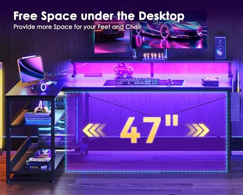 ODK 58 Inch Gaming Desk with USB Charging Ports and LED Lights, Reversible L Shaped Computer Desk with Storage Shelves & Monitor Stand, Corner Gamer Desk Table with Power Outlets, Black ODK