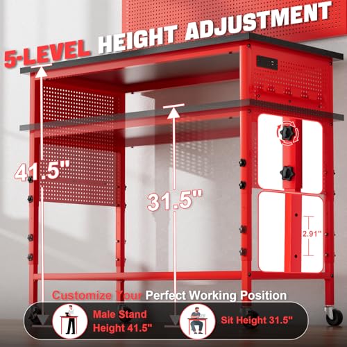 Work Bench, Ferreteriai 47" Heavy Duty Workbench with Power Outlet & USB-C, Exclusive Red Side Battery Holder, Adjustable Height, 2100LB Capacity, Locking Wheels for Garage Workshop Ferreteriai