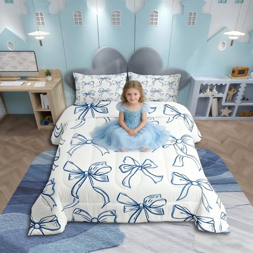 Feelyou Blue Bow Bedding Set Cute Bowknot Comforter Set for Kids Boys Girls Teens Room Decor Princess Comforter Twin Size Girly Kawaii Duvet Set 2Pcs Feelyou