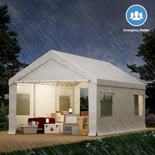 Bezseller 12x20 FT Heavy Duty Carport Canopy with Roll-Up Windows & Doors, Car Tent Portable Garage with All-Season Tarp for Cars, Boat, Trucks, White Bezseller