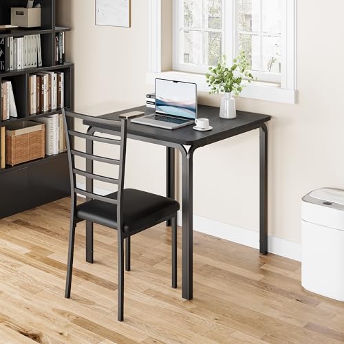 ELETHEBIA Dining Table Set for 2 Person Seat,Table with 2 Upholstered Chairs - Spacious Square Rounded Corner Top, Perfect for Apartment Living Room, Dining Room, Study, and Kitchen Workspace (Black) ELETHEBIA