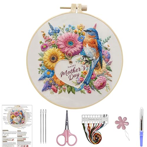 DIYDeligths Embroidery Kit for Beginners and Adults Mother's Day DIY Hand Cross Stitch Needlepoint Set with 7.87in/20cm Round Hoop (Bird)