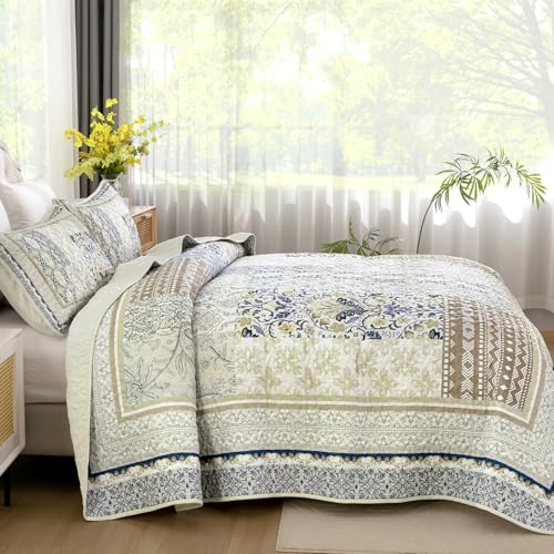 WONGS BEDDING Boho Quilt Set Queen, 3 Pieces Beige Patchwork Bedspread Coverlet Set,Soft Lightweight Microfiber Bohemian Floral Pattern Bedding Set for All Season (96"X90") WONGS BEDDING