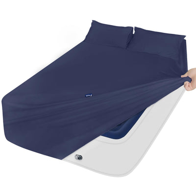 Queen Sheet Set for Air Mattress - Sheets Queen Size Bed Set - 3Pcs Side Storage Pocket Fitted Sheet & Pillowcases Easily Fits 16in to 24in Pillow Top Air Bed Mattress - Navy Blue