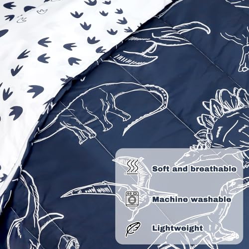 Jundetye 4 Pieces Dinosaur Toddler Bedding Set for Boys, Soft Breathable Toddler Comforter Set, Dino Print Navy, Includes Reversible Comforter, White Fitted Sheet and Flat Sheet, Pillowcase Jundetye