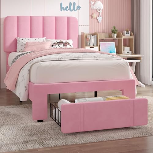 VECELO Twin Size Upholstered Bed Frame with 4 Drawers and Headboard, Velvet Platform Storage Bedframe, Wooden Slats Support, No Box Spring Needed,Pink VECELO
