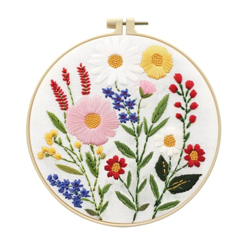 Zhenqing Wildflower Embroidery Kit for Beginners, Colorful Floral Craft Set with 20cm Hoop, Printed Pattern on 29x29cm Cotton Fabric, DIY Nature Wall Art (C0128)