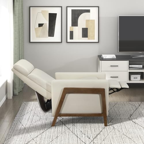 Lexicon Push Back Recliner Chair, Faux Leather Upholstered Reclining Chair with Footrest, Exposed Dark Brown Finish Wood Frame, Small Recliner for Small Space, Living Room, Bedroom, Light Beige